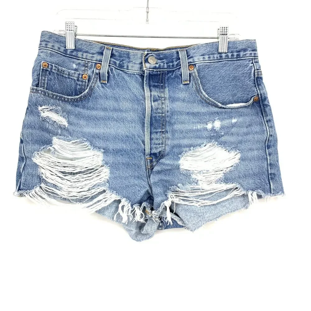 Levis 501 Cut Off Jean Shorts Womens Size 32 Light Wash Distressed